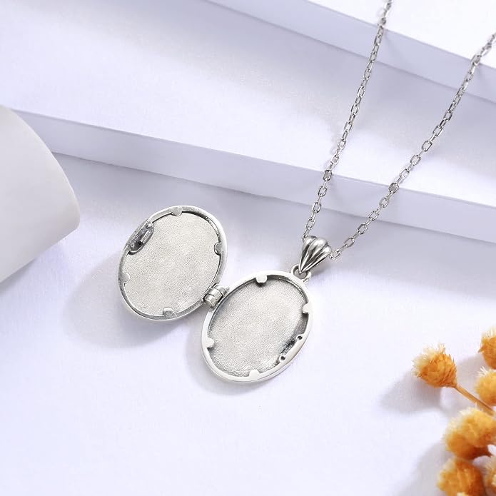 MANBU Sterling Silver Locket Necklace for Women Oval-Shaped Locket Pendant Holds Pictures Always with You Vintage Style Photos Locket Jewelry Gifts for Loved One