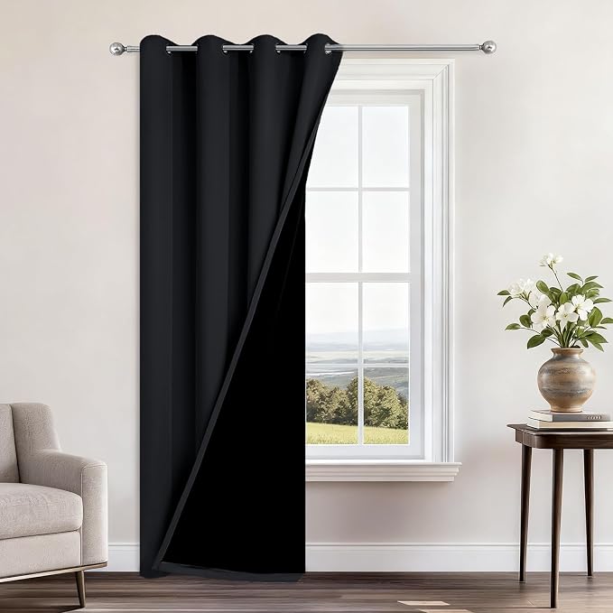 Yakamok Black Blackout Curtains 84 Inches Long for Bedroom 52" Wide 1 Panel | Blackout Curtain Panels for Bedroom, 2 Thick Layers Grommet Top Thermal Insulated Drapes with Black Liner for Living Room