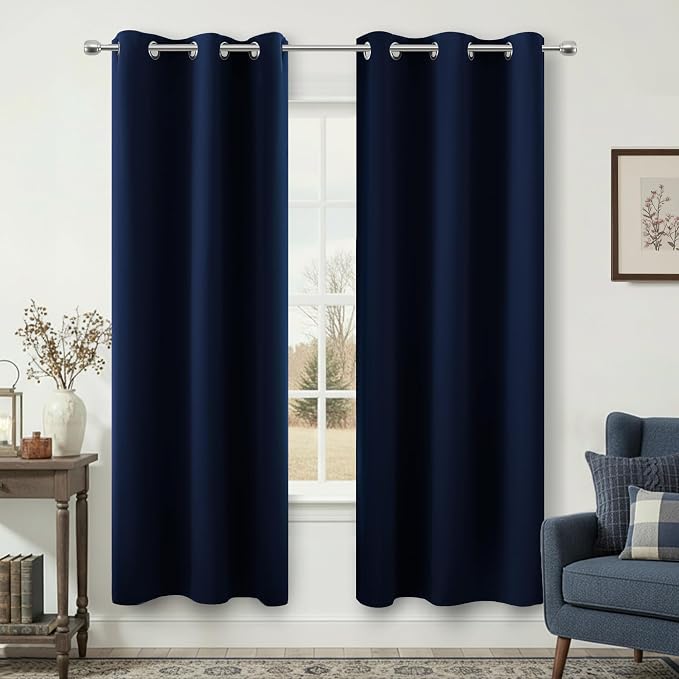 Energy Efficient Thermal Insulated Blackout Curtains for Living Room, 72 Inch Length Not Cover Heat Vent Summer Heating Saving Insulating Black Out Darkening Curtains for Bedroom, 2 Panels, Navy Blue