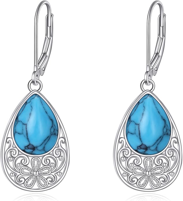 AOBOCO Teardrop Dangle Earrings for Women 925 Sterling Silver Moonstone Flower Filigree Leverback Jewelry Birthday