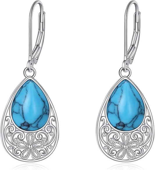AOBOCO Teardrop Dangle Earrings for Women 925 Sterling Silver Moonstone Flower Filigree Leverback Jewelry Birthday