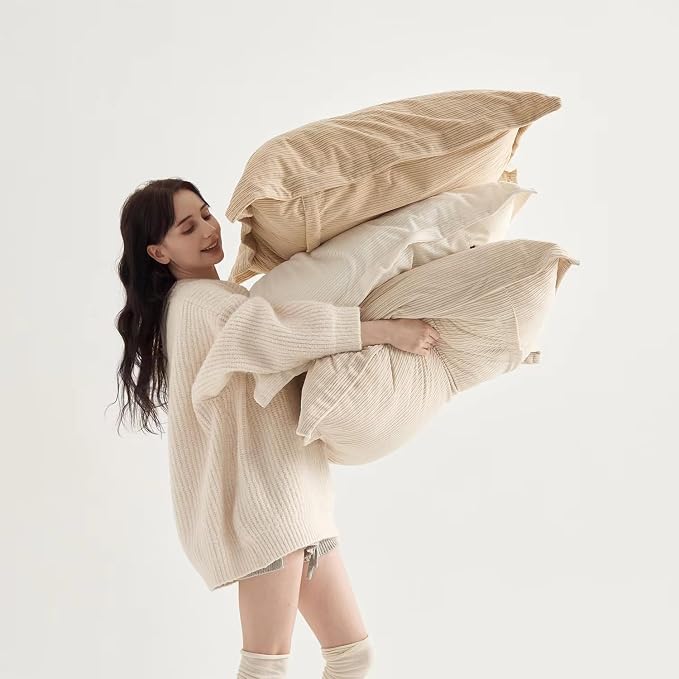 COCO TOP Set of 3 Oversized Throw Pillow Cover 26x26inch,Super Soft Striped Corduroy Neutral Earth Tones Pillow Cases for Bedroom,Living Room, Sofa Lounges,Girl Room（Camel, Beige & Pure White）