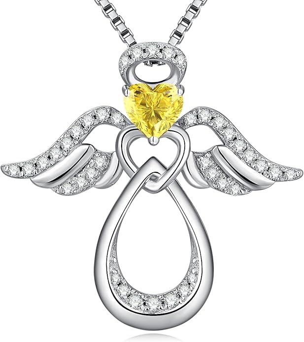 925 Sterling Silver Guardian Angel Pendant Necklace for Women with Birthstone Cubic Zirconia Little Angel Pendant Necklace Jewelry 18 inch Chain