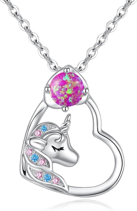 CDE Christmas Gift for women Cute Unicorn Birthstone Necklace for Girls Daughter 925 Sterling Silver Opal Heart Pendant Graduation Birthday Christmas Jewelry Gift for Teenage Girls Niece