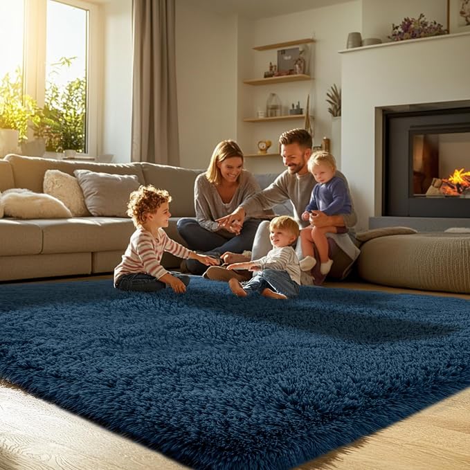 Large Rugs for Living Room 9x12: 9x12 Area Rugs for Living Room- Navy Blue Shag Rug for Bedroom- Fuzzy Plush Modern Carpets for Kids Room (Navy Blue, 9x12 Feet)