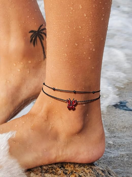 Richsteel Double Layer Heart/Butterfly Birthstone Anklet for Women Non Tarnish Waterproof, Silver/Gold/Black Stainless Steel 8.5-10.5 Inch Adjustable Chain Anklets Jewelry Gifts for Her