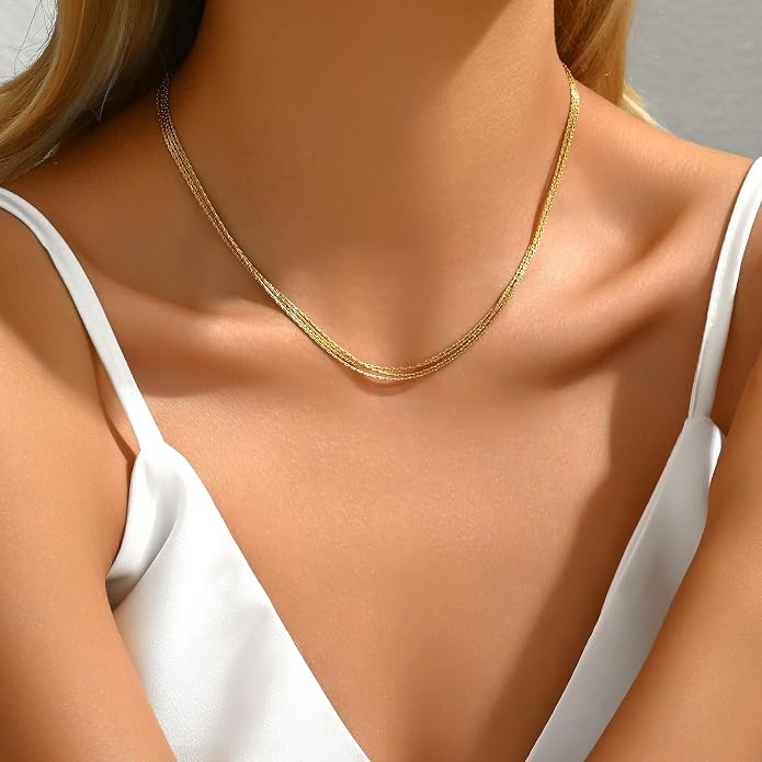 18K Gold Plated Layered Herringbone Necklaces for Women Dainty Layering Beaded Snake Chain Choker Moon Coin Pendant Necklace Trendy Stainless Steel Jewelry
