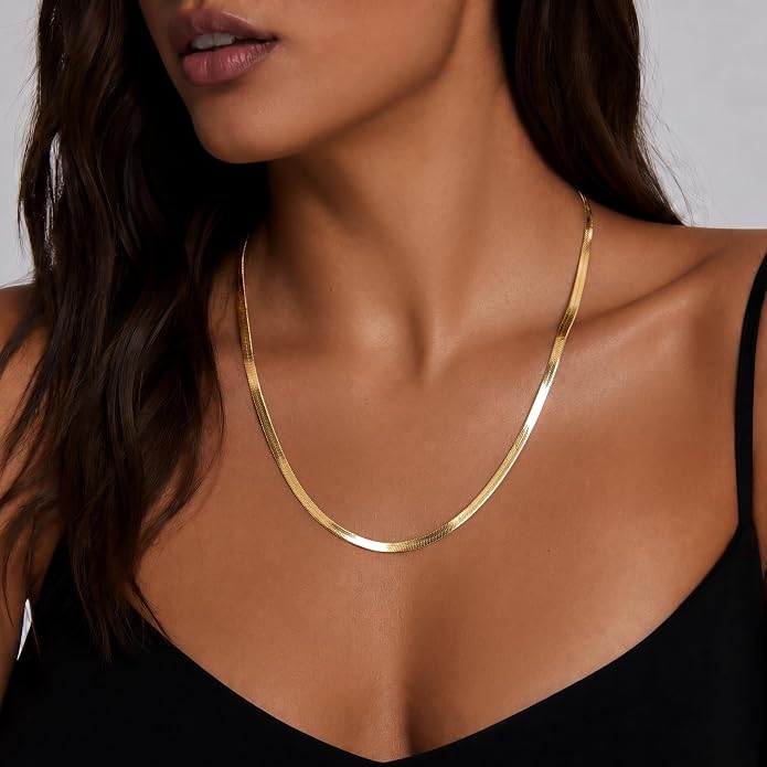 WomenGifts 14K Gold Silver Plated Herringbone Necklace for Women, Dainty Snake Chain Choker, Trendy Simple Long Layered Jewelry Non Tarnish, 3/4/5/8mm,14,16,18,20,22,24,26 Inch Thin & Chunky Options