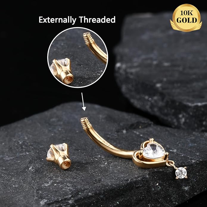 Melighting 14K Solid Gold Belly Button Ring Heart Belly Ring Gold Dangle Belly Piercing Jewelry 14G Navel Ring for Women