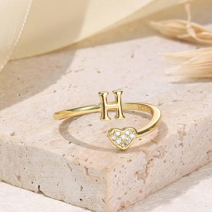 MILACOLATO 925 Sterling Silver Initial Rings for Women Teen Girl 18K Gold Plated Heart Initial Rings Adjustable Capital Letter Ring Stackable Thumb Pinky Rings for Daughter Birthday Bridesmaid Gifts Jewelry, A to Z