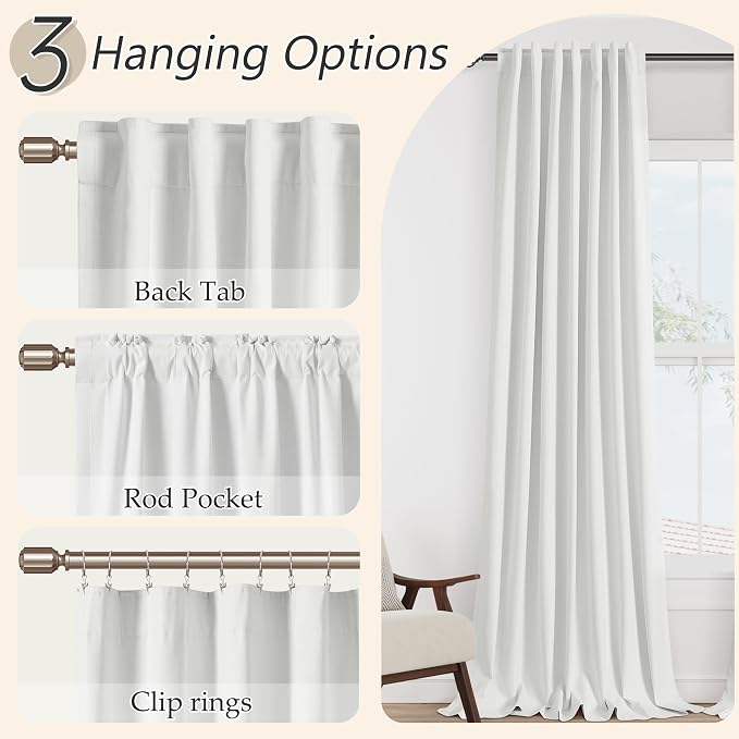 Guken White 100% Blackout Curtains 105 Inch Length 2 Panels Set for Living Room Bedroom Back Tab Thermal Insulated Black Out Drapes Room Darkening Window Curtains 52x105