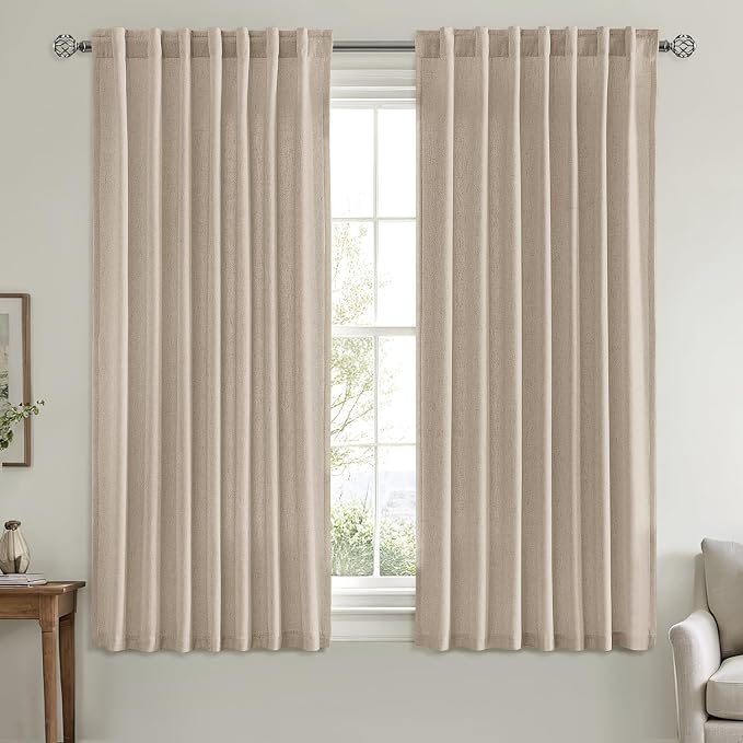 MIULEE Non-See-Through Privacy Linen Curtains 52W x 63L Inch Taupe | 2 Panels, Light Filtering, Semi Sheer Window Curtains, Farmhouse Textured, Back Tab Drapes for Bedroom Living Room