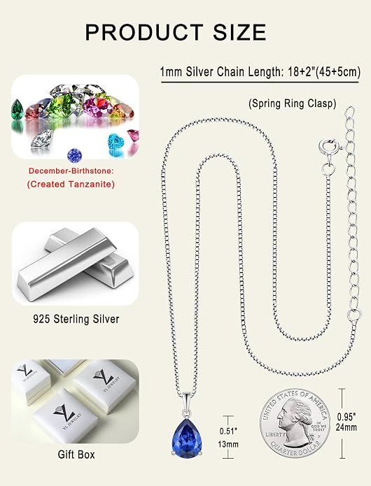 YL Teardrop Necklace 925 Sterling Silver Solitaire Pendant 9x12 MM Pear Cut Multicolored Birthstone Jewelry for Women