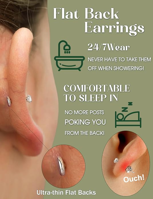 LOLIAS 16G 18G Flat Back Stud Earrings for Women - Hypoallergenic Surgical Steel Internal Thread Stud Piercing Jewelry for Tragus Helix Cartilage Conch Nose 6MM 8MM 10MM Lip Labret Medusa Piercing