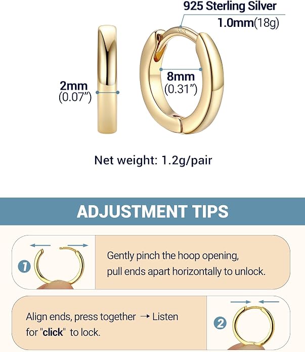PROSTEEL Hoop Earrings for Women, Huggie Hoop with 925 Sterling Silver Post, 8/10/12/14/16/18/20mm Small Huggie Hoops, 14K Gold Plated/Silver/Black/Rose Gold Hypoallergenic Earrings Jewelry