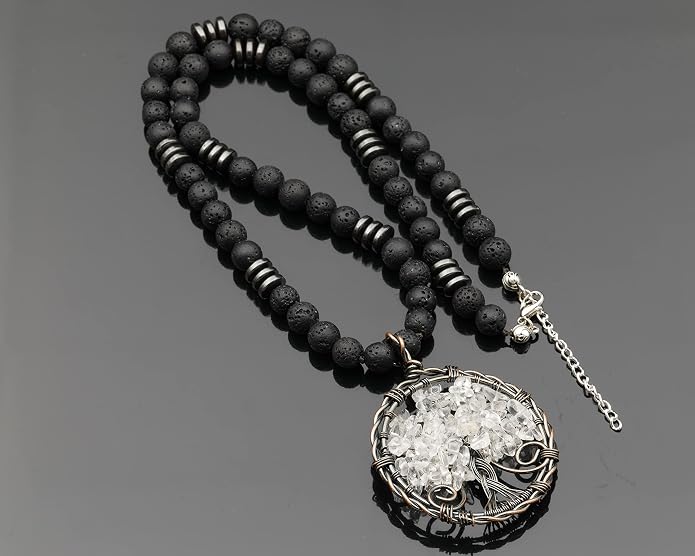 ElisaJewelryArt - Natural Labradorite Big Tree Of Life Black Lava Stone Beaded Necklace Genuine Gemstone Energy Stone Clasp Closure Necklace Unisex Necklace