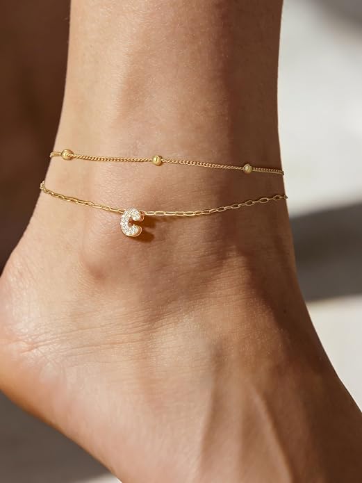 FindChic Silver/14K Gold Plated Layered CZ Initial Ankle Bracelet for Women | Waterproof Stainless Steel, Cubic Zirconia Letter Charm, Non-Tarnish, Hypoallergenic, Adjustable Extender, Summer Jewelry