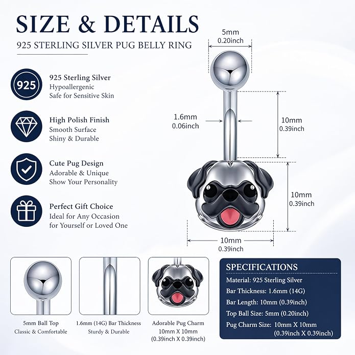 Sterling Silver 14G Belly Button Rings Cross/Cat/Butterfly/Cow/Skull/Birthstone Heart Navel Rings 16mm Body Piercing Jewelry for Women