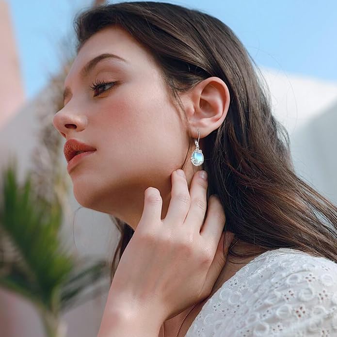 Vito 925 Sterling Silver Teardrop Earrings for Women, Moonstone Turquoise Drop Dangle Earrings Cat Snake Turtle Tree of Life Leverback Earrings Boho Jewelry Gift for Mom Wife