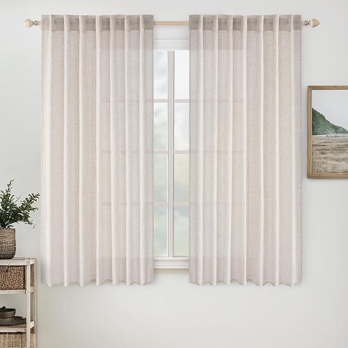 MIULEE White Linen Curtains 54 Inch Length 2 Panels for Bedroom Living Room, Soft Thick Linen Textured Natural Short Window Drapes Semi Sheer Light Filtering Back Tab Rod Pocket Burlap Look Decor