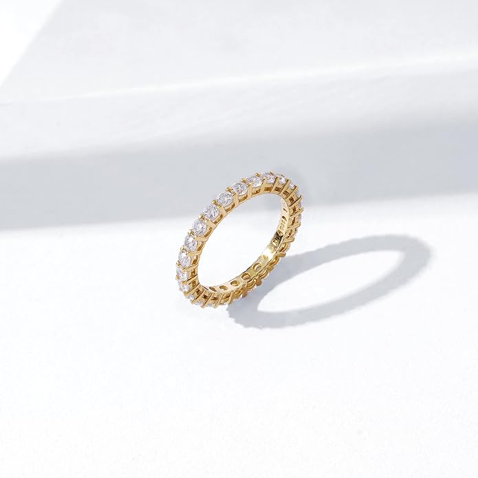Amazon Essentials Platinum or Gold Plated Sterling Silver All-Around Band Ring set with Round Infinite Elements Cubic Zirconia
