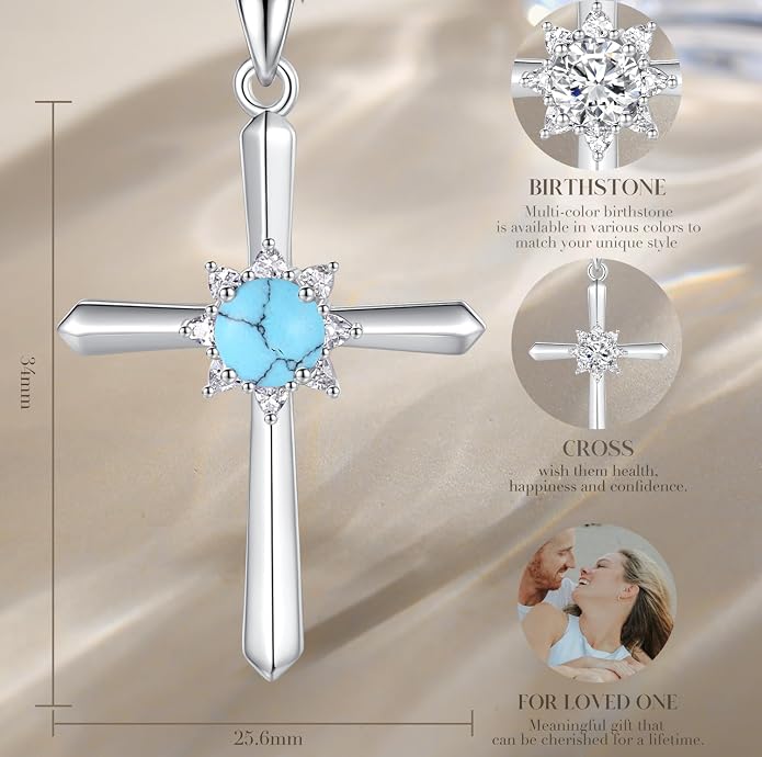 FANCIME Birthstone Cross Necklace for Women Sterling Silver Birthstone Necklace Halo Infinity Cross Pendant Necklace Fine Jewelry Valentines Day Gifts Birthday Holiday Gifts for Her, 16"+2" Inches