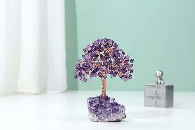 Jovivi Natural Amethyst Healing Crystal Money Tree on Amethyst Cluster Geode Druzy Base Feng Shui Crystals for Home Office Desk Decorations, Wealth, Good Luck