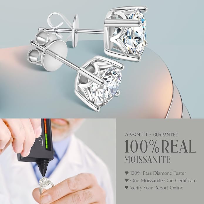 Moissanite Earrings, Hypoallergenic Flat Back Earrings for Women Men, Screw On Studs 925 Sterling Sliver Cartilage Earring for Sensitive Ears 4mm Short Post