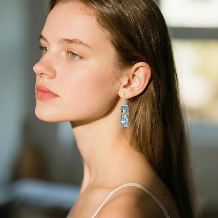 Mountain Earrings 18K White Gold Plated Turquoise/Abalone Shell Mountain Dangle Drop Earrings Jewelry Gift for Skiers, Hikers, Campers, Climbers Lovers
