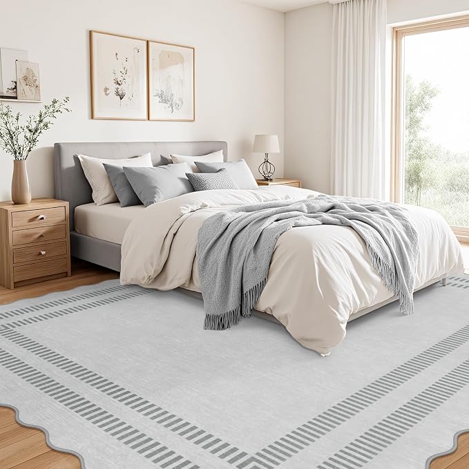 8x10 Area Rugs, Scalloped Grey Modern Living Room Rug, Solid Large Machine Washable Rug Non-Slip, Soft Lightweight Carpet for Bedroom Playroom Dining Room