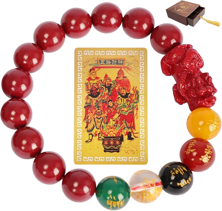 Five Roads Wealth God Cinnabar Pixiu Bracelet - Feng Shui Red String Bracelet for Good Luck & Money Attraction, Fortune Blessing for Men & Women, Adjustable Lucky Charm Bracelet (Classic & Cinnabar Options, 8/10/12mm)