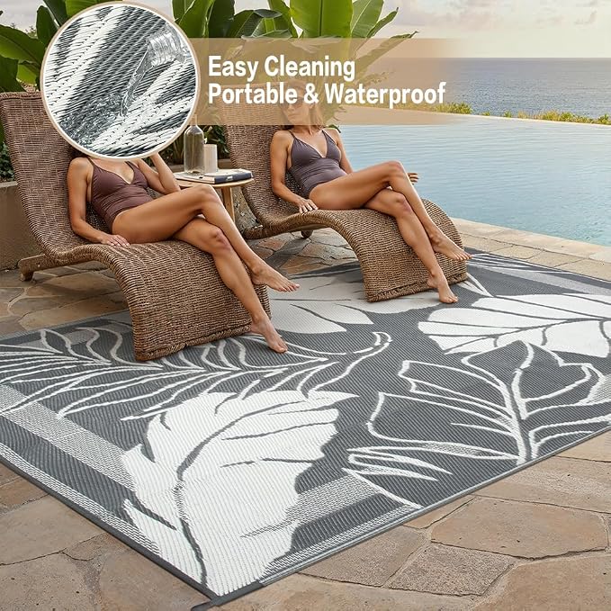 HUGEAR 9'x12' Outdoor Rug Waterproof Plastic Straw Rugs Large Grey Reversible Olive Leaf Mat Floor Carpet for Camping RV Deck Entryance Porch Picnic Balcony Beach Backyard