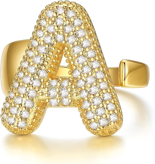 KeyStyle Bold Initial Letter Rings Adjustable, GoldChic Jewelry Women Gold Statement Ring Personalized Engraved Women’s Open Signet Ring for Party (Gold, White Gold, Black)