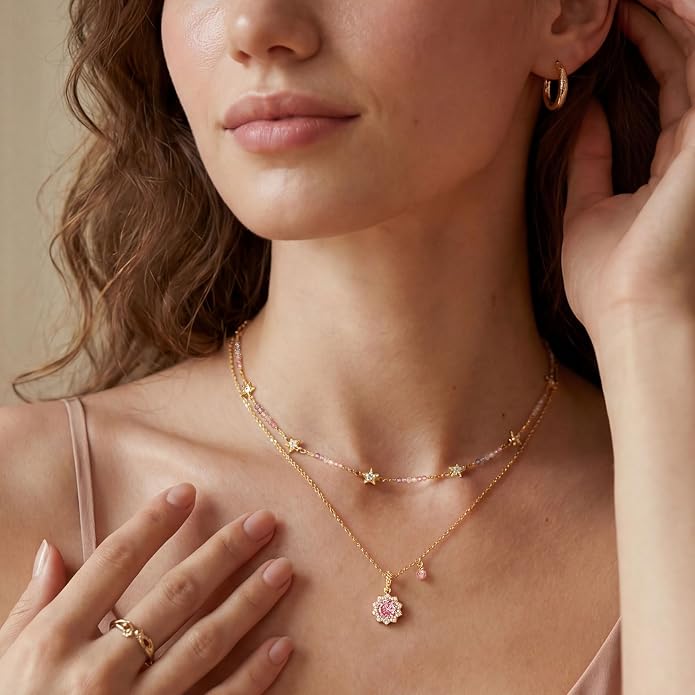 MEVECCO 14K Gold Plated Radiant Sun Necklace & Layered Satellite Chain Bead Bracelet Set for Women, Cubic Zirconia Birthstone Removable Pendant Design, Dainty Simple Jewelry