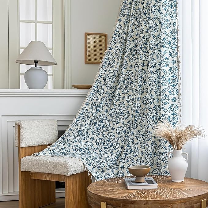 Blue Floral Curtains 63 Inches Long, Boho Farmhouse Light Filtering Rod Pocket Drapes with Tassel Trim for Bedroom Living Room, 2 Panels