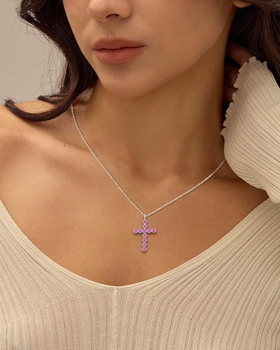 925 Sterling Silver 18 inch Birthstone Cross Pendant Necklace for Women Men