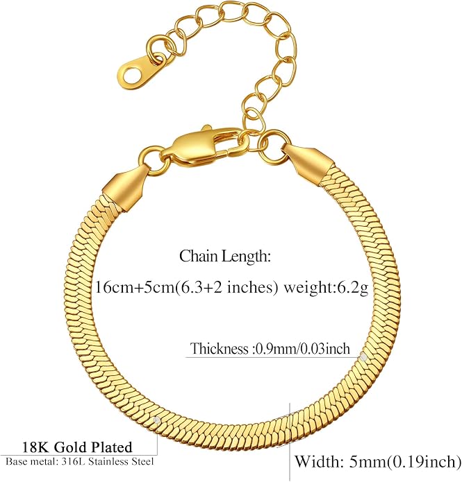 FindChic Elegant Herringbone Snake Chain Anklets/Bracelets 3MM/5MM Width Stainless Steel/18K Gold/Rose Gold Plated/Black 4 Color Options, 8.3'' 8.5'' 10.5'' Length, with Gift Box