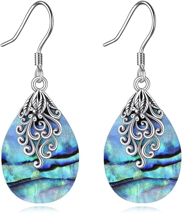 Abalone Shell Dangle Drop Earrings for Women 925 Sterling Silver Filigree Bohemian Earrings Jewelry Gift
