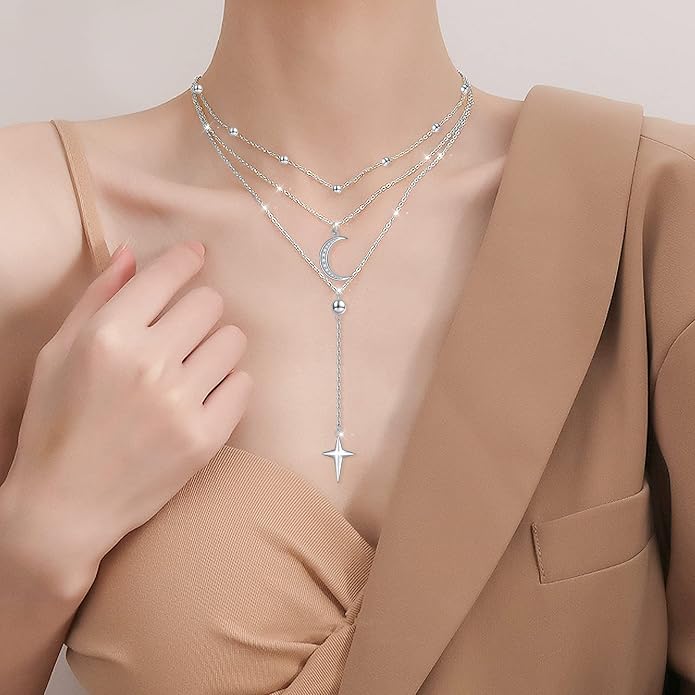 Layered Choker Necklaces for Women S925 Sterling Silver Circle/Heart/Cross/Star Multi Layered Necklace Handmade Bead Chain Adjustable Jewelry for Birthday