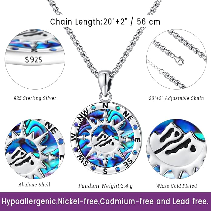Compass Necklace for Women Men 925 Sterling Silver Pendant Urn Necklaces for Ashes Picture Locket Necklace Anchor Necklace Viking Necklace Crystals CZ Moonstone Abalone Shell Turquoise Compass Jewelry