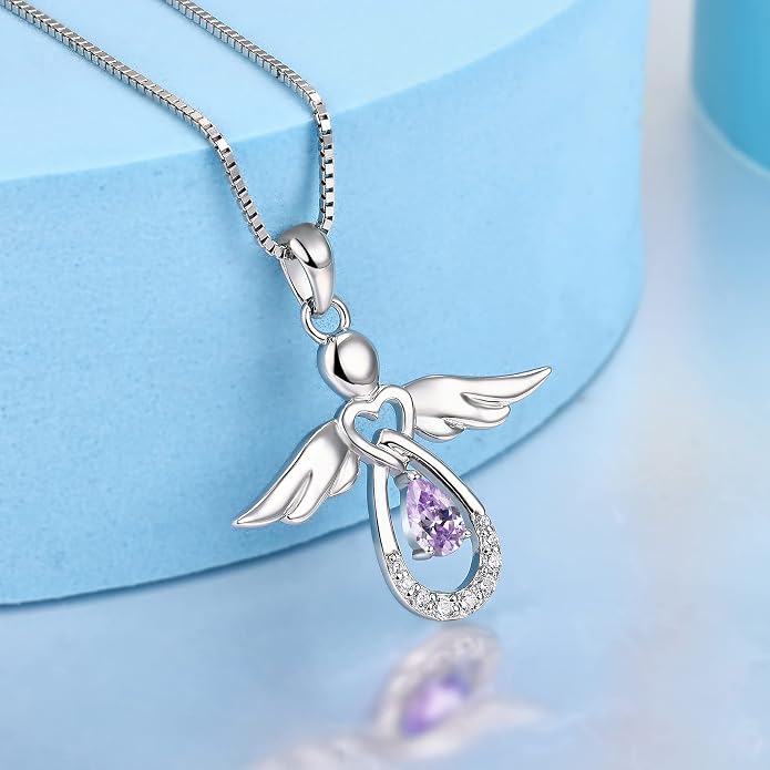 FJ Guardian Angel Necklace 925 Sterling Silver Birthstone Pendant Angel Jewelry Gifts for Women