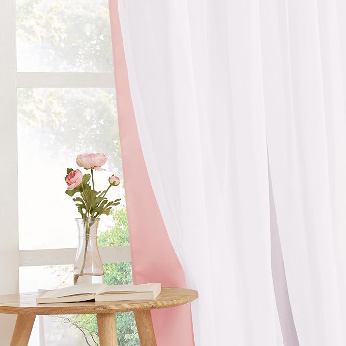 PONY DANCE Nursery Curtains Pink - Curtains for Bedroom Decor Aesthetic Cute Double Layer with Sheer Overlay Windows Covering, 52 x 84 inches, Rose Blush, 2 Panels