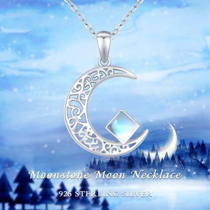 TRISHULA Moon Star Necklace, 925 Sterling Silver Crescent Moon Sun Pendant with Moonstone Crescent Jewelry Gift for Her Sister Birthday Christmas