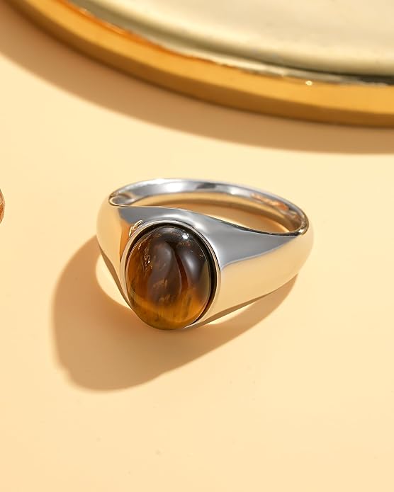 YeGieonr Gold Signet Rings for Women Non Tarnish Gold Rings, Waterproof Gemstones Statement Ring, 18K Gold Plated Stainless Steel Gem Stone Jewelry Gift for Everyday Wear