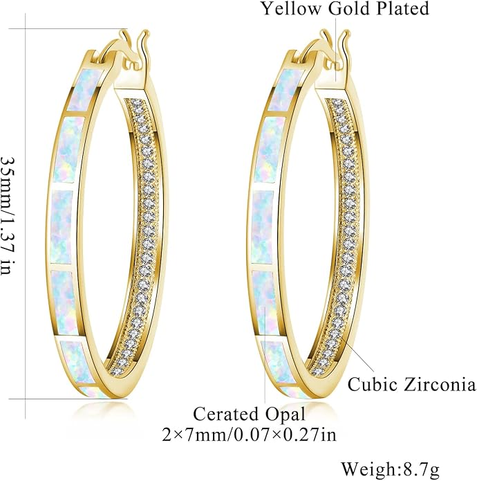 CiNily Opal Hoop Earrings,Women Jewelry Rhodium Plated/Rose Gold or Yellow Gold Plated Gemstone Big Hoop Earrings 32mm