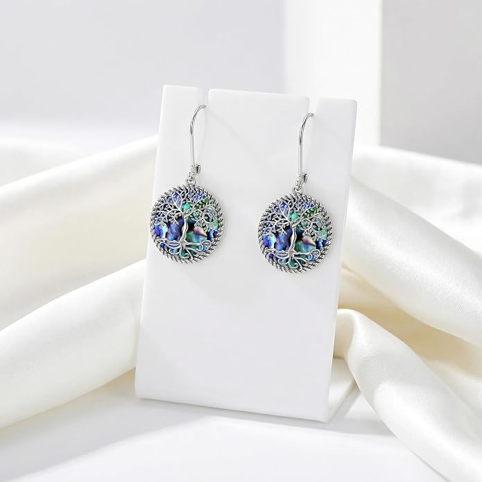 Tree of Life Dangle Drop Earrings Round Tree of Life Abalone Shell Earrings Dainty Abalone Shell Jewelry Gifts for Women