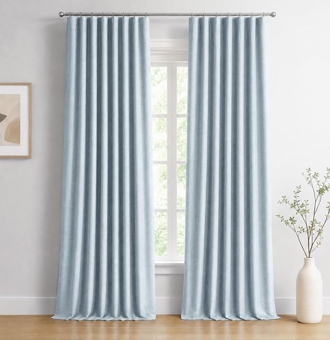 INOVADAY 100% Blackout Curtains for Bedroom, Chambray Blue Black Out Curtains 96 Inch Long, Clip Rings Linen Blackout Drapes, Thermal Insulated Room Darkening for Living Room, 2 Panels - W50xL96