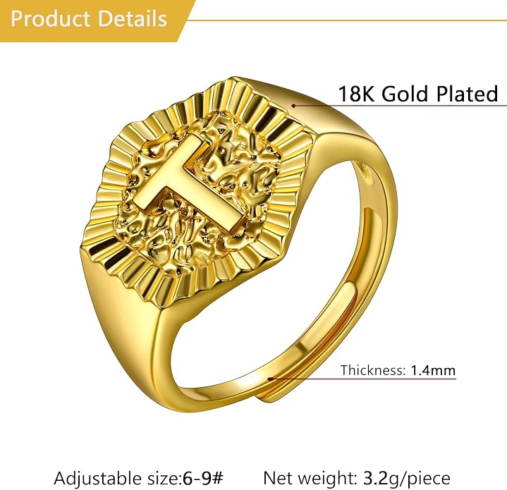 U7 Initial Ring Wedding Band for Men Women 18K Gold Plated Statement Hexagon A-Z Letter Jewelry Personalized Stackable Signet Rings