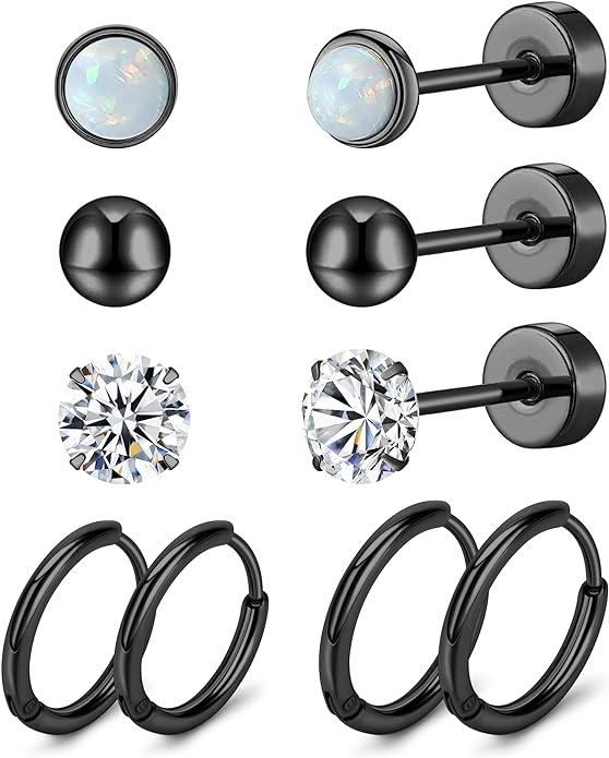 MJust Titanium Earrings for Sensitive Ears 20G Hypoallergenic Stud Hoop Earrings for Women Men Opal Ball CZ Heart Pearl Flat Back Earrings Cartilage Earrings Set