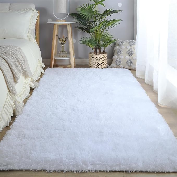 White Area Rug 5x8 Living Room - Fluffy Soft Carpet | Cloud-Soft Underfoot - Microfiber Shag Pile Feels Like Bare Feet On Cotton - Perfect Beside Your Bed Every Morning